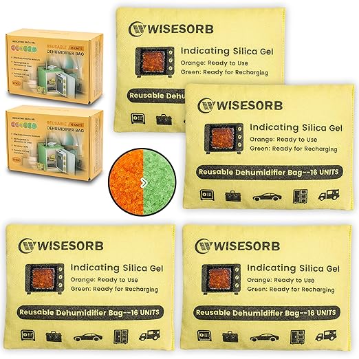 4 Pack 500G Reusable Silica Gel Desiccant Dehumidifier Bags, Color Indicating Moisture Absorbers for Car, Closet, Basement & Garage, Microwave Rechargeable Reusable Drying Bags