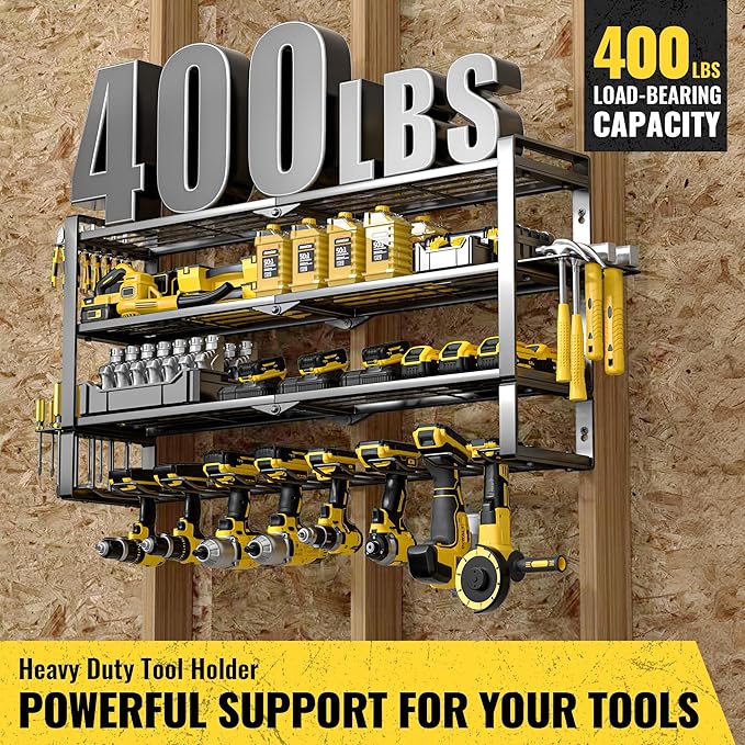 Large Power Tool Organizer Wall Mount, Heavy Duty Metal Tool Storage Rack Loads 400lbs, 8 Cordless Drill Holder 4 Layer, Battery Tools Hanger with Charging Station Shelf for Garage Organization