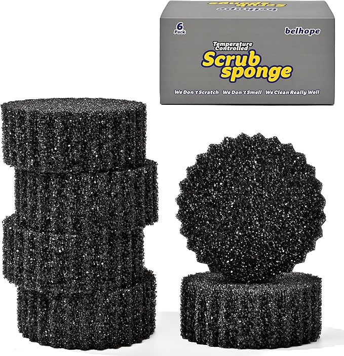 belhope Black Scrub Sponges - Scratch-Free Multipurpose Dish Sponge for Kitchen, Bathroom - Temperature Controlled Sponges for Scrubbing - Stain & Odor Resistant (6 Pack Round)