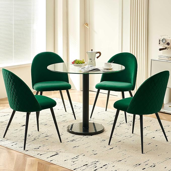 Round Dining Room Table Set for 4, 5 PCS Glass Tulip Kitchen Table Set, Marble Base Living Coffee Table with Upholstered Dining Chairs Luxury Comfy Accent Side Chairs for Small Spaces
