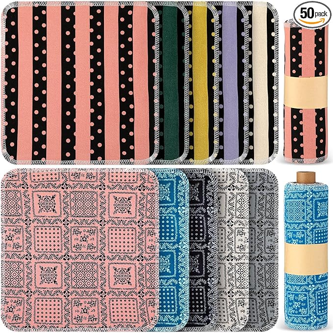 Redbaker 50 Pcs Reusable Paper Towels Paperless Reusable Cotton Cloths Toilet Absorbent Washable Paper Towels with Roll Kitchen Dishcloth for Kitchen Paperless Dishcloths(Floral, Dot, Stripe)