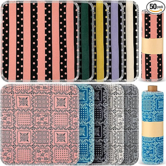 Redbaker 50 Pcs Reusable Paper Towels Paperless Reusable Cotton Cloths Toilet Absorbent Washable Paper Towels with Roll Kitchen Dishcloth for Kitchen Paperless Dishcloths(Floral, Dot, Stripe)
