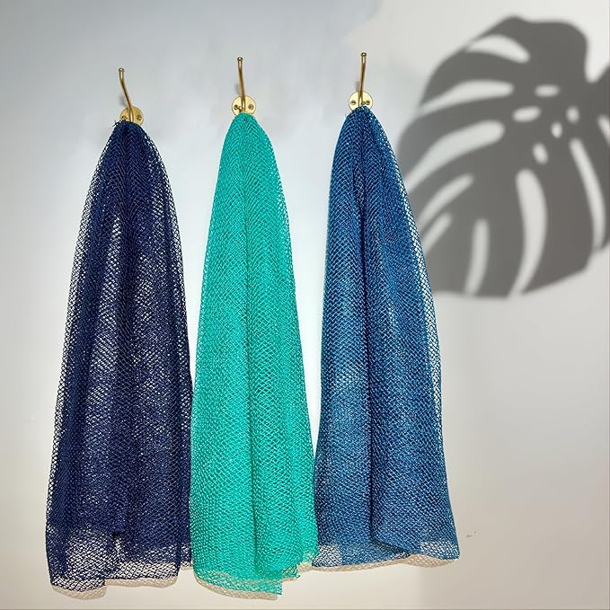 African Net Sponge Authentic 3 Pack, Body Scrubber Exfoliating Bath Sponge for Face and Body, Quick Drying Mesh Body Scrub for All Skin Types, Durable and Travel Friendly (Dark Blue, Blue, Turquoise)