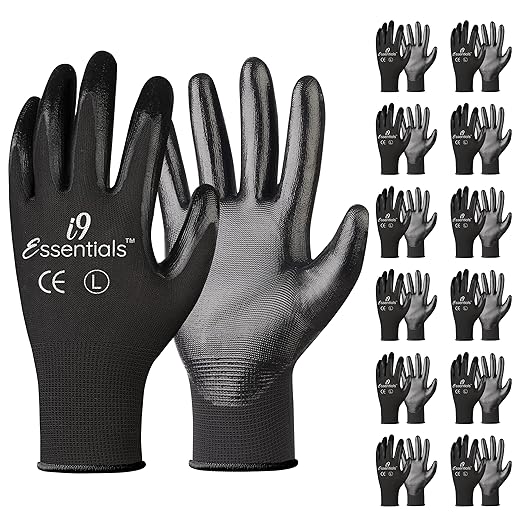 I9 Essentials 12 Pairs PU Coated Work Gloves – Black Safety Grip Gloves for Construction, Warehouse, Assembly & General Work | Lightweight Protective Gloves for Men & Women (Large)