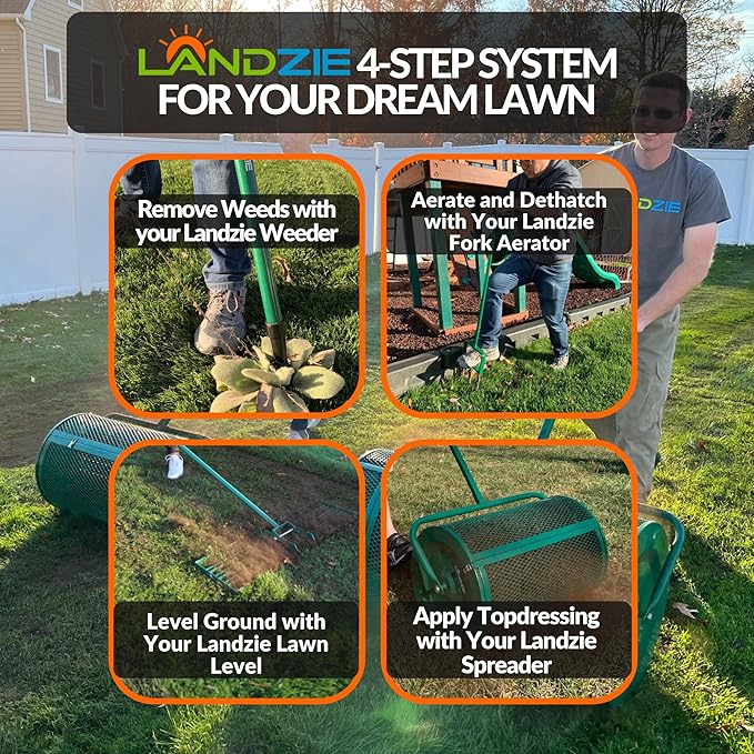Landzie - The Original Hollow and Spike Tine Lawn Aerator Set - Includes 1 Aerator + Set of 3 Hollow Tines and 3 Spike Tines - 42 Inch Manual Stainless Steel Gardening Hand Tool
