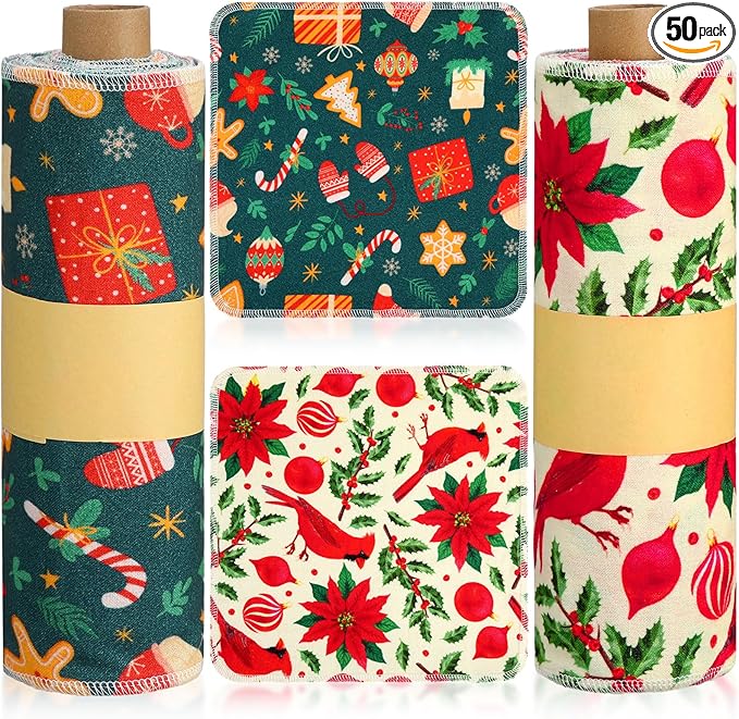 Redbaker 50 Pcs Reusable Paper Towels Paperless Reusable Cotton Cloths Toilet Absorbent Washable Paper Towels with Roll Kitchen Dishcloth for Kitchen Paperless Dishcloths(Christmas Style)