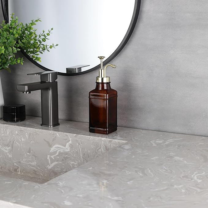 Amber Glass Soap Dispenser with Brushed Gold Pump Dispenser, Modern Refillable Pump for Bathroom, Kitchen, or Office, Elegant Accent Piece for Interior Decoration