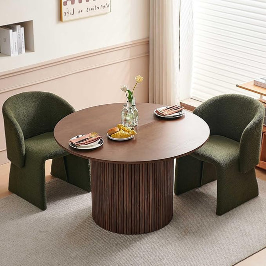 Dining Table Set for 2, 47" Circle Kitchen Table and Green Upholstered Barrel Dining Room Chairs, Classic Dinette Set, Engineered Wood Two-Part Tabletop with Walnut Finish