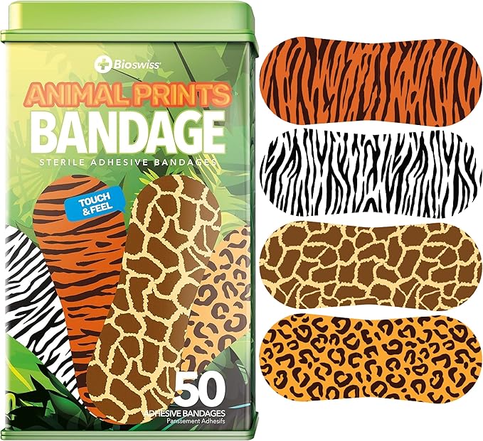 BioSwiss Kids Bandages, Animal Print Shaped Self Adhesive Bandage Set, Latex Free Sterile Wound Care, 50 Count