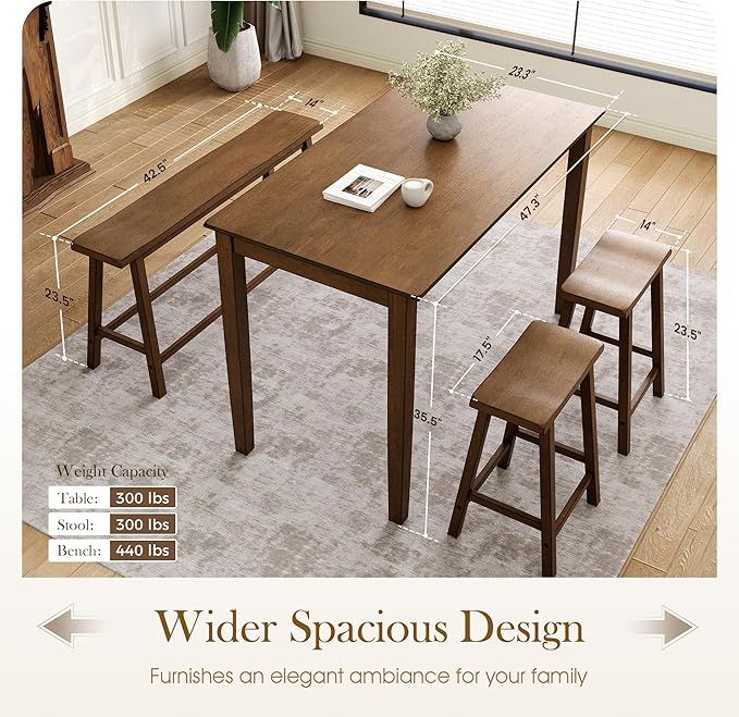 Sophia & William Dining Table Set for 4, Wooden Kitchen Table Set with Bench and 2 Chairs, Space-Saving Farmhouse Dining Sets,Rustic Caramel