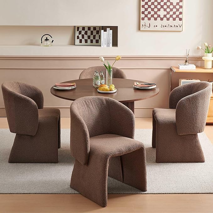 Dining Table Set for 4, 47" Circle Kitchen Table and Brown Upholstered Barrel Dining Room Chairs, Rustic 5-Piece Dinette Set, Engineered Wood Two-Part Tabletop with Walnut Finish
