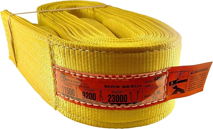 DD Sling. Multiple Sizes (100% Made in The USA) 4" x 16', 2 Ply Nylon Lifting Sling, Eye & Eye, Heavy Duty (900 Webbing), 11,500bs Vertical, 9,200 Choke, 23,000 Basket (4"x16')