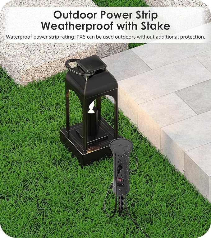 CCCEI Outdoor Power Strip Weatherproof with Stake, Waterproof Extension Cord with Multiple Outlets, Christmas Exterior Garden Decor, Yard, Camping, 4 Plugs, Surge Protector 6FT, Black.