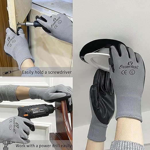 I9 Essentials 12 Pairs Nitrile Coated Work Gloves – Lightweight Grip Safety Gloves for Construction, Gardening, Warehouse, Carpentry & General Work (Large, Black/Gray)