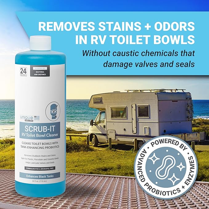 Unique Scrub-It RV Toilet Bowl Cleaner Liquid - Removes Odors, Stains and Debris - Safe on All Toilet Types 24 oz (3-Pack) Packaging May Vary