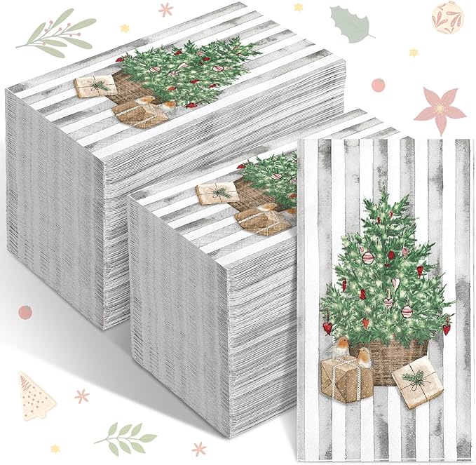 Jetec 200 Pieces Christmas Napkins Christmas Tree Disposable Guests Paper Napkins Winter Stripes Disposable Hand Towels for Bathroom Christmas Decorative for Xmas Dinner Wedding Birthday Party