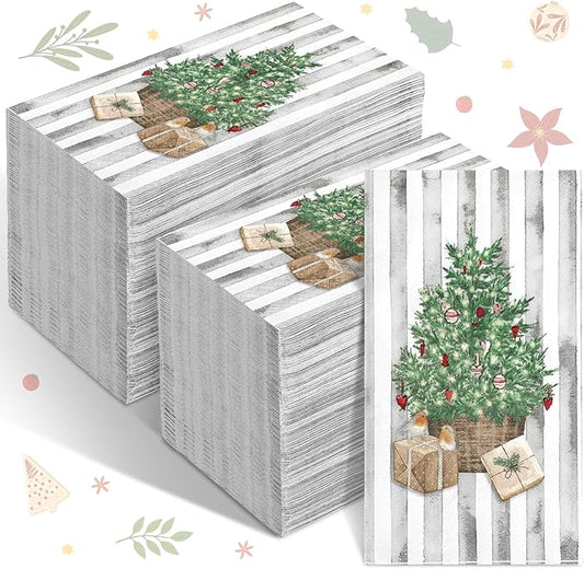 Jetec 200 Pieces Christmas Napkins Christmas Tree Disposable Guests Paper Napkins Winter Stripes Disposable Hand Towels for Bathroom Christmas Decorative for Xmas Dinner Wedding Birthday Party