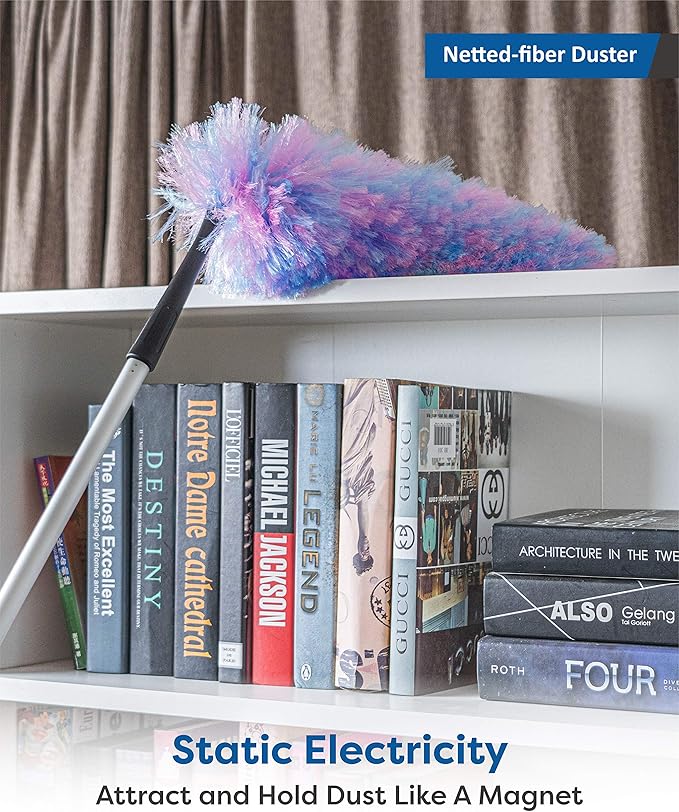 Feather Duster Kit with 5.6ft Extension Pole, 4 Dusting Brush for Cleaning Home Wall Ceiling Fan Cobweb, Microfiber Static Washable Dusters, Pink Violet