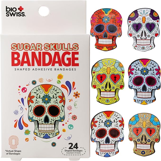 BioSwiss Kids Bandages, Sugar Skull Shaped Self Adhesive Bandage Set, Latex Free, Sterile Wound Care, 24 Count