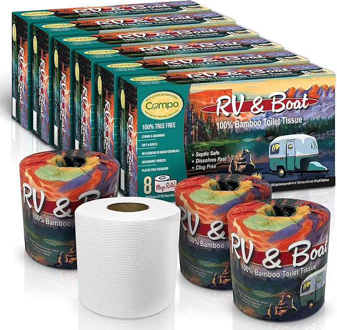 Compo Boat & RV Toilet Paper, 100% Bamboo Toilet Paper for Marine, Motor Homes and Travel Camper Use, Rapid Dissolve, Septic Safe, Plastic Free Packaging, 308 2-Ply Sheets per Roll (48 Compact Rolls)