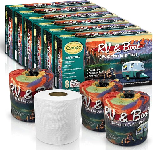 Compo Boat & RV Toilet Paper, 100% Bamboo Toilet Paper for Marine, Motor Homes and Travel Camper Use, Rapid Dissolve, Septic Safe, Plastic Free Packaging, 308 2-Ply Sheets per Roll (48 Compact Rolls)