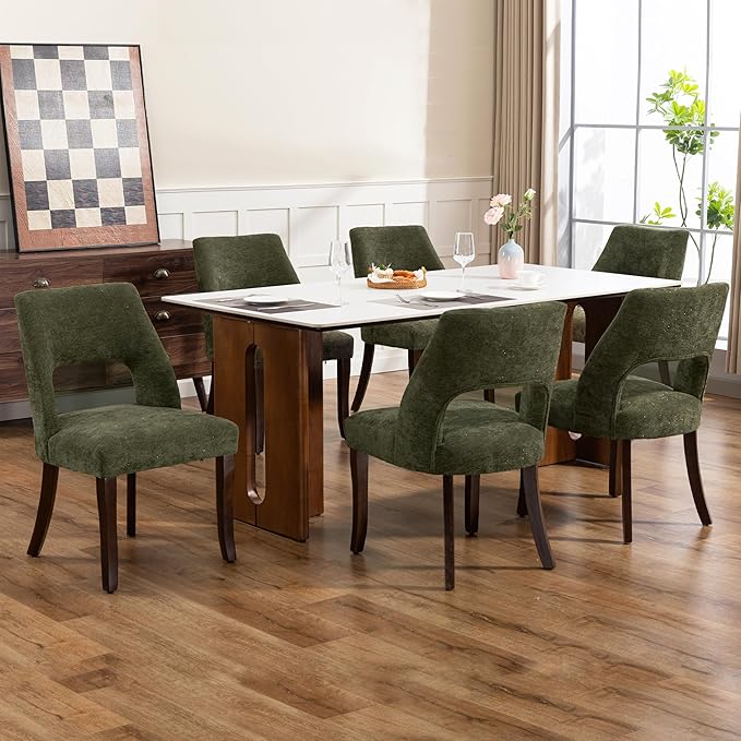 UVV Wooden Dining Chairs Set of 6, Mid Century Modern Chenille Upholstered Dining Room Chair Kitchen Chairs, Farmhouse Dinner Chair with Solid Wood Legs for Kitchen Dining Room, Green-Chenille