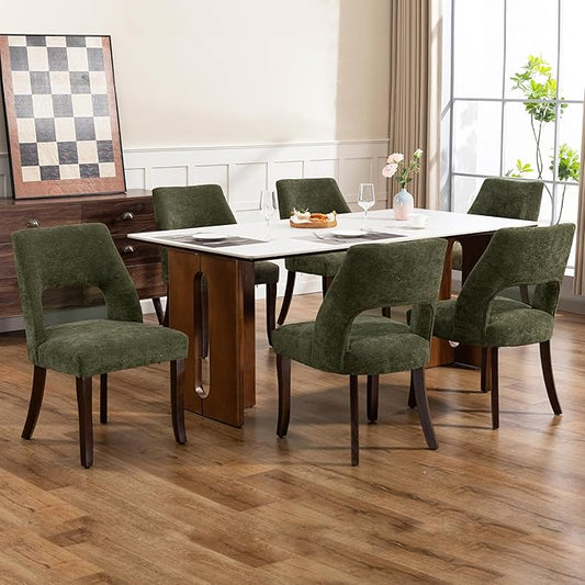 UVV Wooden Dining Chairs Set of 6, Mid Century Modern Chenille Upholstered Dining Room Chair Kitchen Chairs, Farmhouse Dinner Chair with Solid Wood Legs for Kitchen Dining Room, Green-Chenille