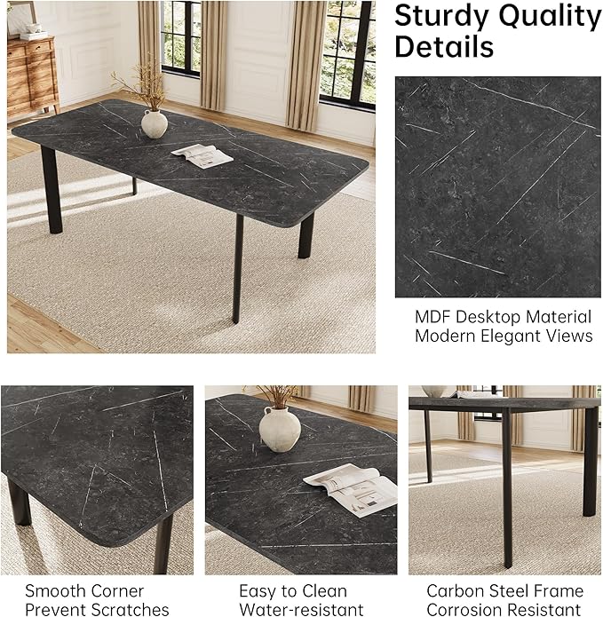 Extendable Dining Table for 6-8 People, 63 to 78.7 Inch Rectangular Table, Dark Grey MDF Kitchen Table with Sturdy Metal Legs, Space-Saving for Dining Room, Breakfast Nook, Small Spaces
