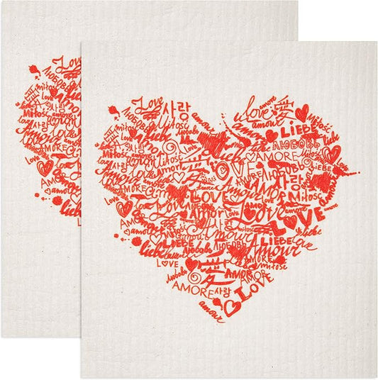 Swedish Dishcloths 2 Pack Red Langusges of Love Heart Print Reusable Sponges Kitchen Cleaning Cloth Dish Scrubber, Machine Washable, Measures 7.87”x6.88 inches.