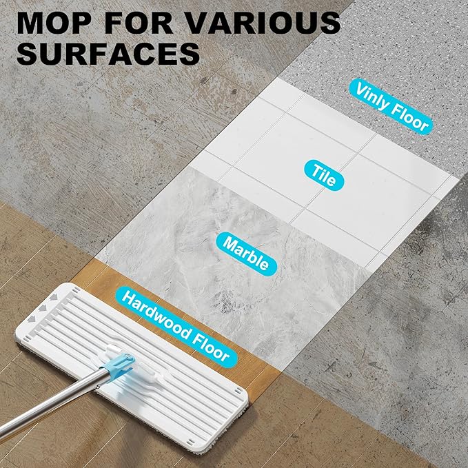 Mop and Bucket Set with Wringer, Turquoise-Cyan Wall Mop Cleaner with Long Handle, Squeeze Flat Mop and Bucket System, Dry & Wet Dust Mop for Household Floor Cleaning with 2 Microfiber Mops