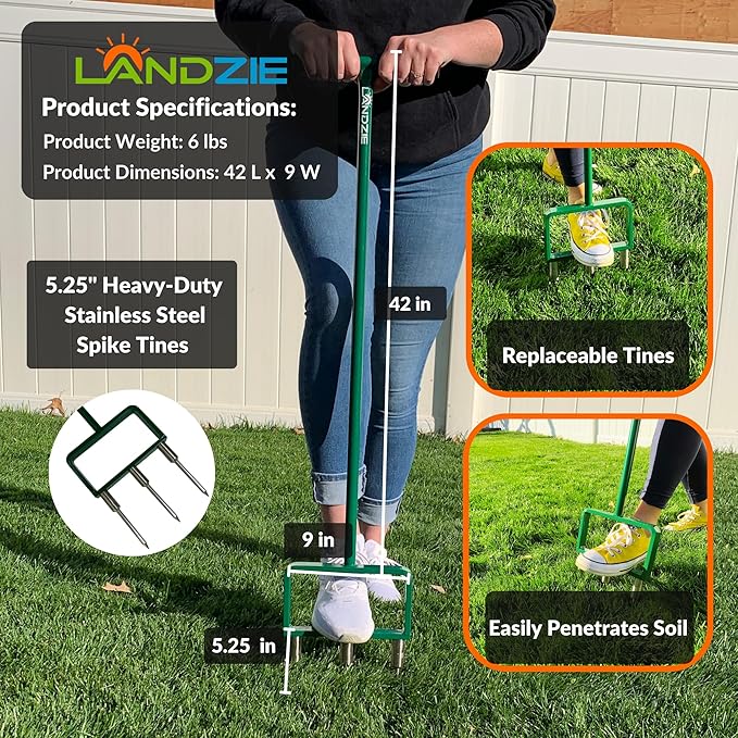 Landzie - The Original Spike Tine Fork Lawn Aerator - 42 Inch Manual Stainless Steel Gardening Hand Tool - Grass Dethatcher Aerator Lawn Tool with Solid Tines for Compacted Soil