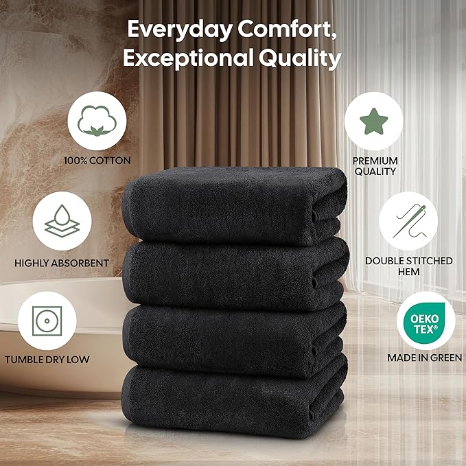 EcoNour 4 Pack Black Bath Towels (27x54 Inch, 550 GSM) | 100% Cotton Soft & Absorbent Towel Set | Quick-Dry, Lightweight, Durable Bathroom Towels for Home, Gym, Spa & Travel