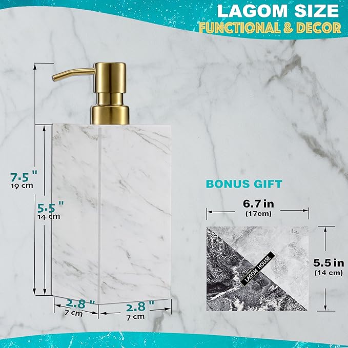 LAGOM HOUSE Marble Soap Dispenser, White Italian Natural Stone Marble Liquid Hand Soap Dispenser Decorative Bottle for Kitchen Bathroom Countertop Gold Stainless Steel Lotion Pump Dispenser