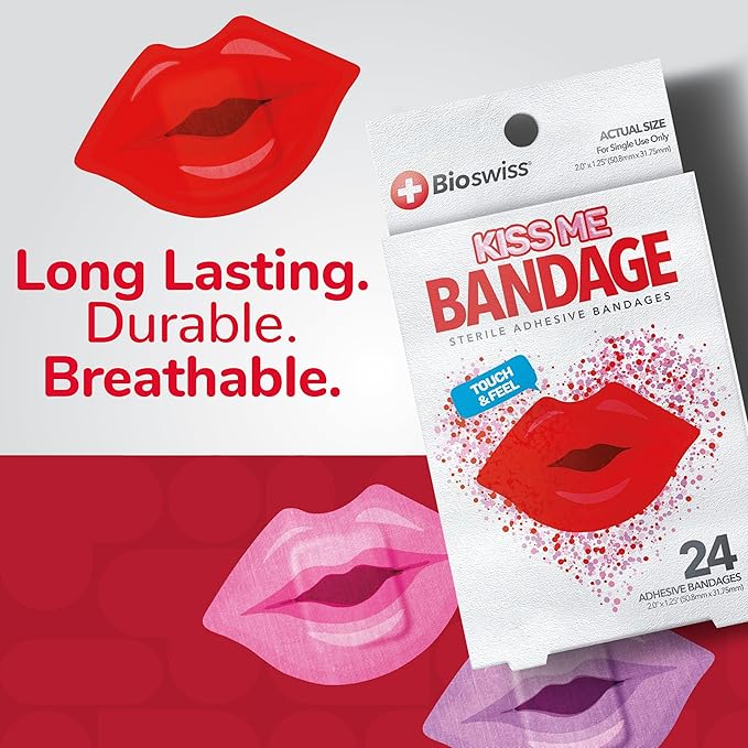 BioSwiss Kids Bandages, Lips Shaped Self Adhesive Bandage Set, Latex Free, Sterile Wound Care, 24 Count