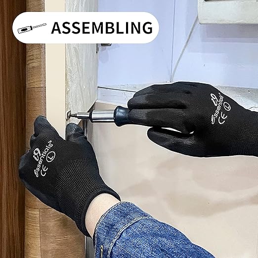 I9 Essentials 12 Pairs PU Coated Work Gloves – Black Safety Grip Gloves for Construction, Warehouse, Assembly & General Work | Lightweight Protective Gloves for Men & Women (Large)