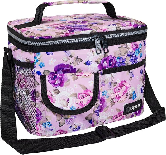 opux Insulated Lunch Bag for Men Women, Leakproof Floral Purple Lunch Box for Work, Portable Soft Lunch Cooler Bag with Shoulder Strap, Adult Lunchbox Lunch Pail for Kid Boy Girl School, 14 Can/8L