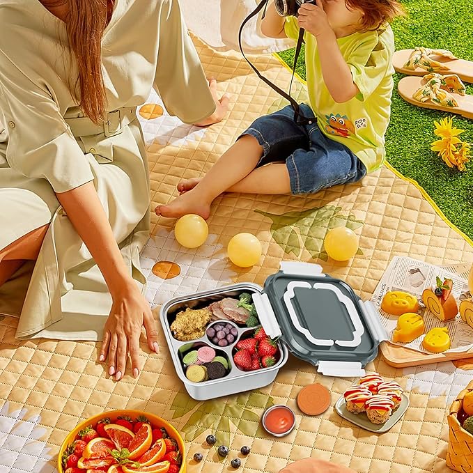 Salad Container for Lunch: 64oz Salad Bowl with Included Spork, 4-Section Bento Tray & Sauce Pot