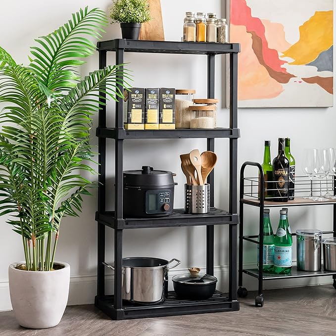IRIS USA 4-Shelf Heavy Duty Plastic Storage Shelves, 600lb Capacity, 56"H x 36"W x 18"D, Large Modular Shelving Unit Storage Organizer for Garage, Home, Warehouse & Gym, Storage Rack - Black