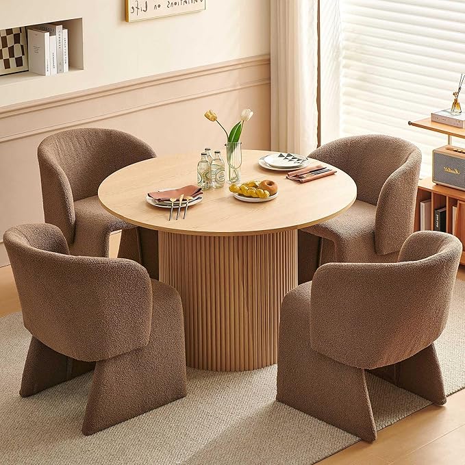 Dining Table Set for 4, 47" Round Kitchen Table with Two-Part Tabletop& Wood Strips Base, Oak Wood Finish Circle Dinner Table with Brown Teddy Velvet Dining Chairs Upholstered