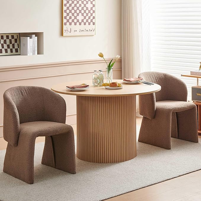 Dining Table Set for 2, 47" Round Kitchen Table with Two-Part Tabletop& Wood Strips Base, Oak Wood Finish Circle Dinner Table with Brown Teddy Velvet Dining Chairs Upholstered