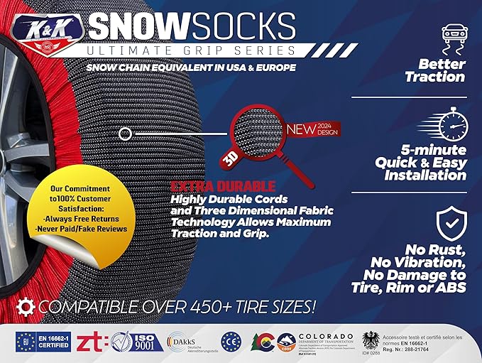 K&K Automotive Snow Socks for Tires - Pro Series for Ultimate Grip Alternative for Tire Snow Chain - Snow Traction Device for Pickup Truck 4X4 SUV RV Van Trailer Winter Essential - 2 piece (4X-Large)