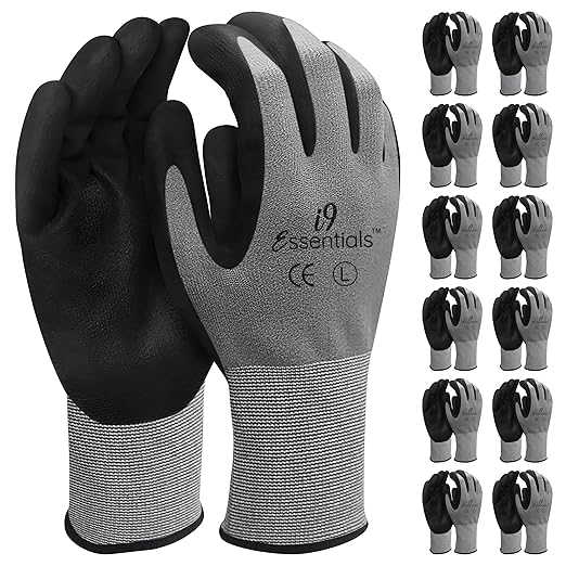 I9 Essentials 12 Pairs MicroFoam Nitrile Coated Work Gloves – Lightweight Grip Safety Gloves for Construction, Gardening, Assembly, Automotive & Warehouse Use (Large)