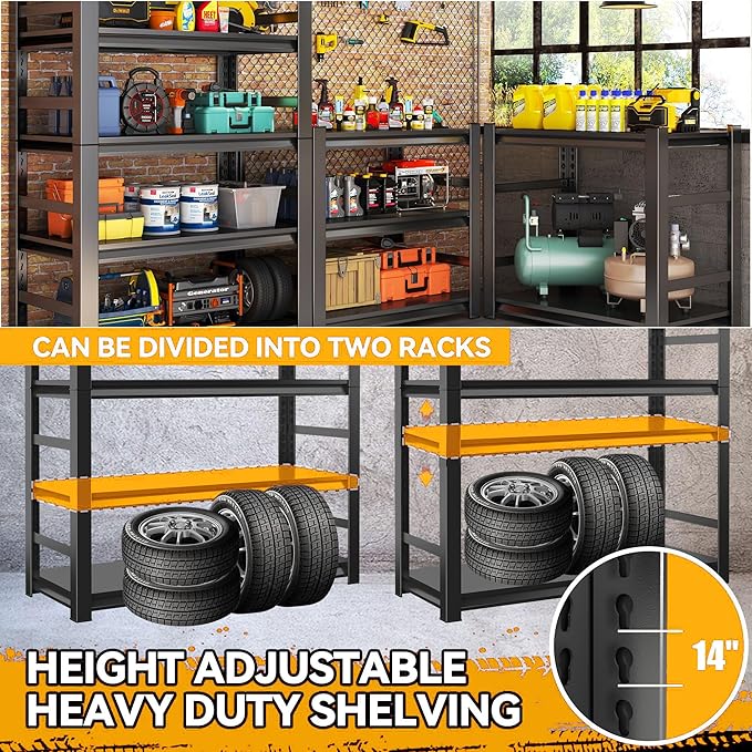 20"D Heavy Duty Garage Shelving, Garage Storage Shelves, 2500 LBS Capacity 5 Tier Adjustable Metal Utility Shelves, Industrial Shelving Unit for Basement and Warehouse, Pantry Closet, Workshop, Black