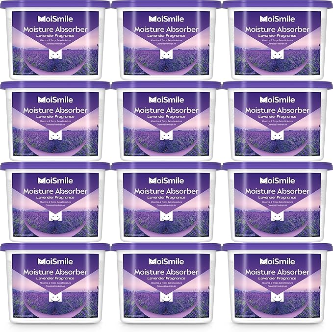 Moisture Absorbers 12 Pack, Lavender Fragrance Closet Dehumidifier for Bathroom, Car ＆ Basement, 10.5 oz Refillable Humidity Absorber Boxes