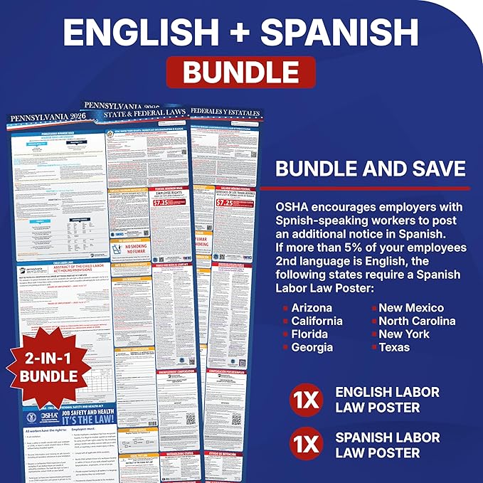 2026 Pennsylvania State and Federal Labor Laws Poster - English Spanish Combo - OSHA Workplace Compliant - Mandatory Regulations Posting for Employees - All-In- One Required Compliance Posting 17" x 40" - Laminated (English & Spanish Combo)