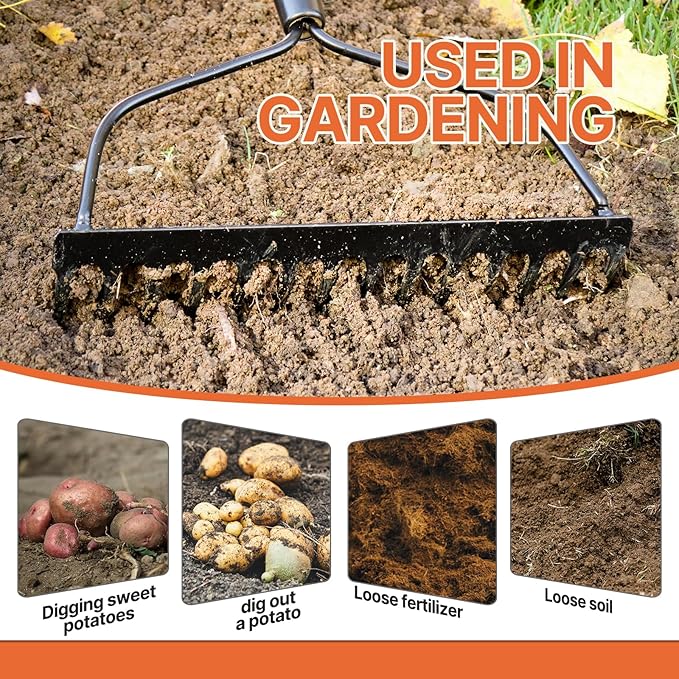 Garden Rake Heavy Duty, 14-Tine Bow Rake with 57" Fiberglass Handle, for Soil Leveling, Lawn Care, Mulch Spreading, Leaf and Debris Cleanup