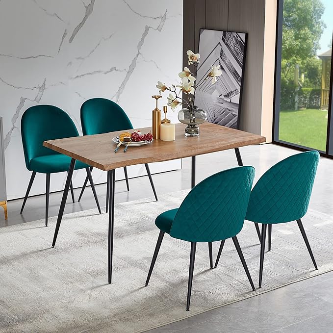 Modern Kitchen Table with Chairs Upholstered Set for 4, Stylish Brown Dining Table Wooden with Dark Green Velvet Dining Side Chairs Comfy with Cushion Seat for Apartment, Living Room