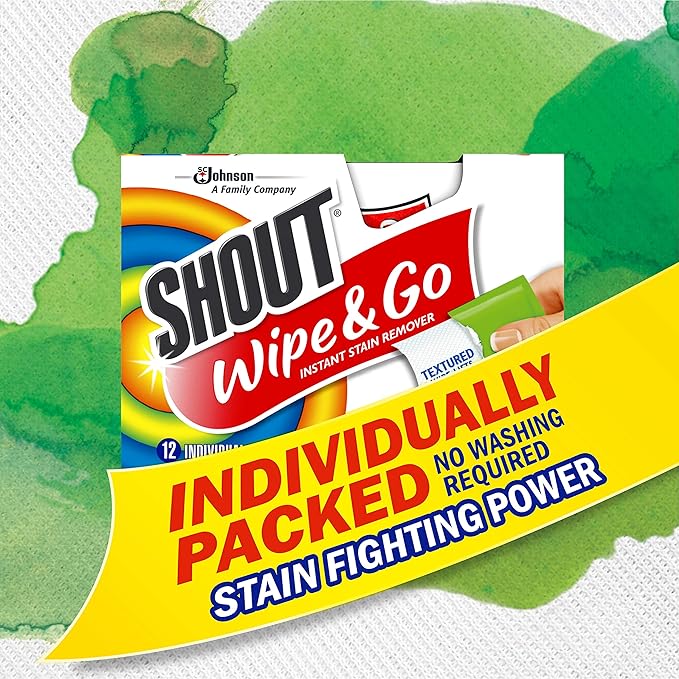 Shout Wipes Stain Remover for Clothes Laundry, Instant Stain Remover and Individually Wrapped, Travel Essentials, Works on Everyday Stains, 12 Wipes per Carton (6 Cartons)