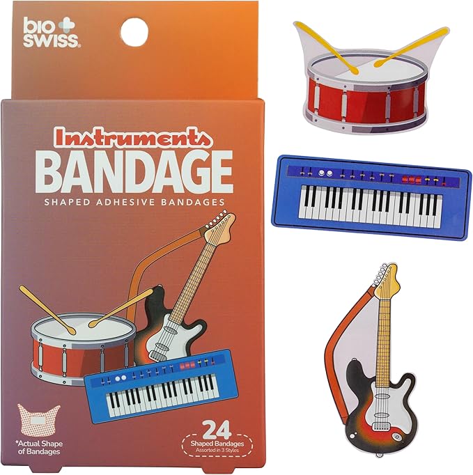 BioSwiss Kids Bandages, Musical Instruments Shaped Self Adhesive Bandage Set, Latex Free, Sterile Wound Care, 24 Count