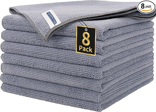 HOMERHYME Microfiber Cleaning Cloth, Premium 8 Pack Cleaning Towels, Lint-Free Streak-Free Ultra Absorbent, 300GSM Reusable Microfiber Towel for Cars Shop Garage Home Kitchen, 12.6" x 12.6" Grey
